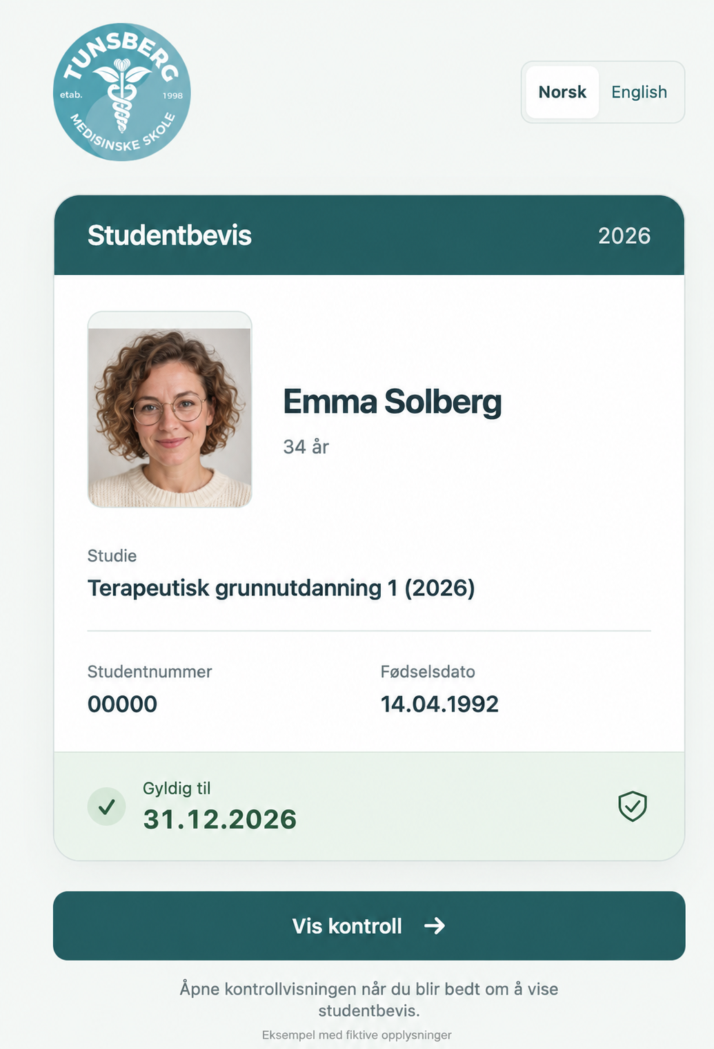 Eksempel på studentbevis med fiktiv person og fiktive opplysninger